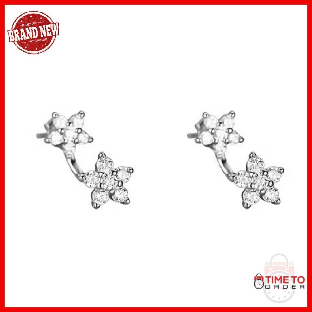 Sterling Silver Cubic Zirconia Flower Ear Climber Studs Hypoallergenic